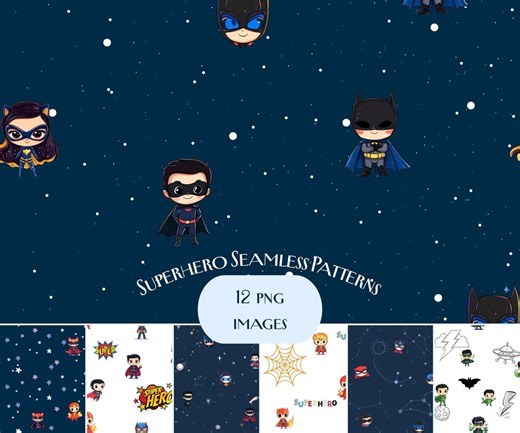 Superhero Seamless Patterns | Cute Hero Digital Paper | Kids Cartoon Fabric & Wrapping Paper Design - Etsy