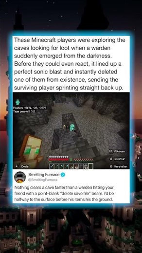 These Minecraft players were exploring the caves looking for loot when a warden suddenly emerged