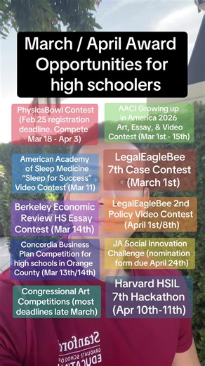 March and April award opportunities, competitions, contests, and challenges for high school students . . . . #highschool #college #collegeapps #junioryear #fyp