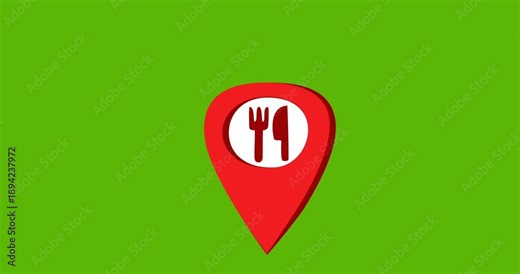 Red GPS restaurant location marker with building icon, isolated green chroma key background. Represents urban location, address, properties, offices and commercial points.