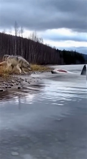 25K views · 181 reactions | Witness a stunning encounter as a group of **wolves** approaches a serene **lake**. Suddenly, a massive shark breaches the surface, creating a moment of **wild** **nature**. This unexpected **wildlife** interaction with **animals** is truly something to see! | Rescue Stories | Facebook