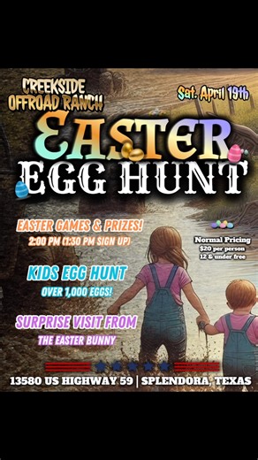 22 reactions · 3 comments | EVERY BUNNY DANCE NOW  睊 Easter Event: ️ Saturday, April 19th ️ Easter Games & Prizes 2pm (1:30 sign up)  Egg hunt for the kids (over 1000 eggs!)  Surprise visit from the Easter Bunny Normal pricing: $20 per person  12 & under  #creeksideoffroadranch #texas #easterhunt #egghunt #easteregg #easteregghunt #htx | Creekside Offroad Ranch | Facebook