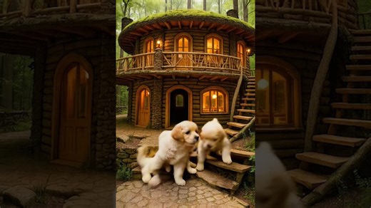 Adorable puppies play around a stylish house and experience swimming for the first time