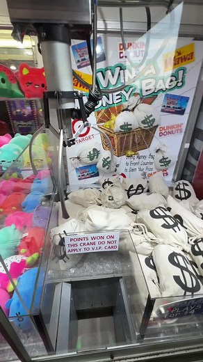 Claw Machine Filled with Money Bags and Prizes