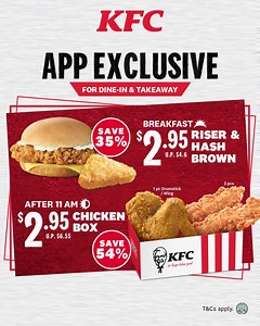 24K views · 61 reactions | Nothing over $3 with these new KFC App exclusive deals! Till 30 May, with just $2.95 you can get the A Chicken Box (U.P. $6.55) or the A La Carte Riser & Hash Brown (U.P. $4.60). Download the KFC App now to enjoy these dine-in/takeaway specials. Deals can be found under the Promo Code icon that's located on the top-right corner of the App! #KFC #KFCsg #KFCFriedFam #KFCApp #KFCHack | KFC | Facebook