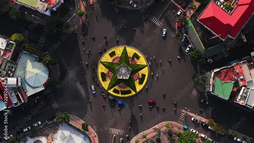 Aerial view Roundabout Circulation Asian intersection with motorcycle urban traffic, transport of Nha Trang city Vietnam.