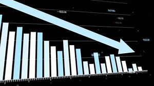 Data visualization showing declining financial trends, multiple graphs with downward arrows indicating decreased profits or increased losses, black background, cool tones, Copy space.