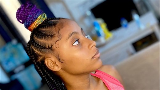 Rainbow colored braids – half knotless, half feed-in style