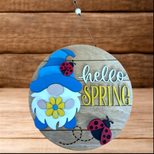 Hello Spring Gnome Sign, Spring Door Hanger, Rustic Farmhouse Spring Decor, Layered Wood Gnome Sign, Ladybug Welcome Sign