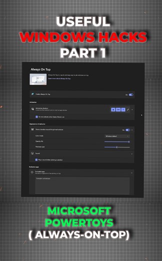 Tired of ALT TAB chaos? Discover PowerToys’ hidden gem: Always On Top. Pin any window on top of everything else with the shortcut ⊞ Win Ctrl T - and define your own border style, shortcut, or even exclude apps. Perfect for keeping notes, videos, or calculators within view while multitasking. No more switching screens - lock what matters in place.. Powertoys@Microsoft OS:@Windows Laptop: @Lenovo Legion @Lenovo After Effects : @Adobe @adobevideo #pctips #windowshacks #powertoys #techtoktips #micro
