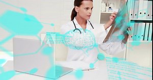 Examining X-ray, doctor processing brain data animation in medical office background