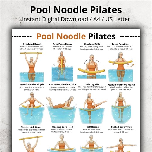 Pool Noodle Pilates Exercises Printable, Water Pilates and Aqua Exercises at Home, Pool Exercises for Beginners, No Equipment Water Workout - Etsy