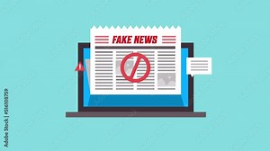 Alert, stop sign - Online fake news, false propaganda on internet displaying on laptop screen, 2d animation video clip.