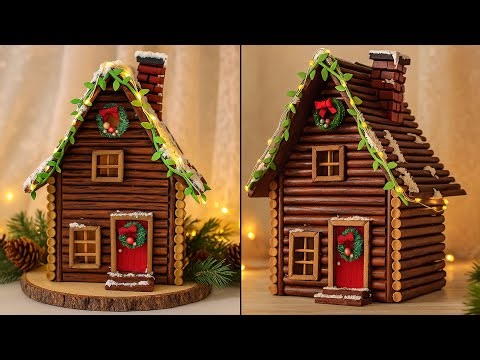 🎄DIY Christmas House using Cardboard | DIY Snowy Winter Log Cabin Cottage |Christmas Decoration Idea