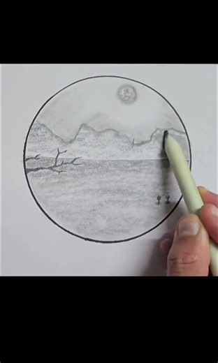 رسم منظر طبيعي بالقلم الرصاص داخل دائرة | Beautiful Nature Drawing with Pencil #shorts