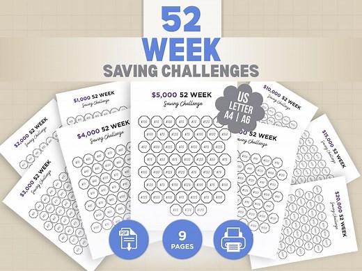 52 Week Savings Challenge Printable Bundle – Save 1K–20K | 52 Weeks Money Challenge | 5K, 10K Challenge, Money Saving Plan, A6/US Letter/a4 - Etsy Australia