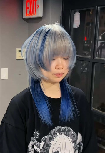 🩶🤍💙🩵Color & haircut by@Louischen rename #bluehair #silverhair #peekaboohair #colorblock #wolfcut