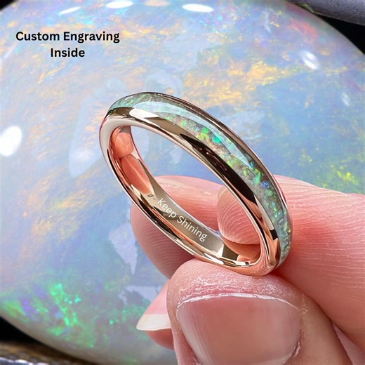 Genuine White Opal Inlay Ring – 4mm Silver & Rose Gold Tungsten Wedding Band | Custom Engraved Dome Ring - Etsy
