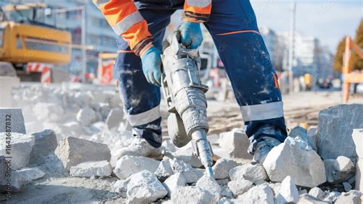 Worker using jackhammer on construction site, breaking up rock with dust flying, wearing safety gear. Heavy equipment in background on urban street.