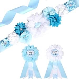 Cloud Baby Shower Maternity Sash Kit - Cloud Theme Baby Shower Belly Belt and Mom to Be & Dad to Be Corsage Pins, New Parents Pregnancy Photo Props Party Supplies