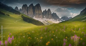 Wildflowers blooming in a meadow, with a mountain range towering in the distance. Sunlight is illuminating the green grass and wildflowers, creating a peaceful and serene scene