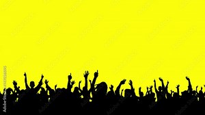 Animation of a large crowd of people having fun, cheering, clapping at a concert, festival, or party. Silhouettes against the screen.