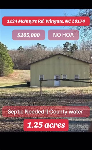 🏭 1124 McIntyre Rd, Wingate, NC 28174 📐 1.25 acres Excelente oportunidad para negocio o inversión. Amplio taller (shop) con área de oficina y puerta grande para equipo pesado, ideal para uso comercial, mecánico, almacenamiento o emprendimiento. Cuenta con agua disponible y tap ya pagado. Requerirá perk test para sistema séptico. Propiedad con gran potencial y buen espacio para maniobras y estacionamiento. 📱 Eric Trejo: 828-302-7410 #WingateNC #PropiedadComercial #TerrenoConPotencial #Nestlewo
