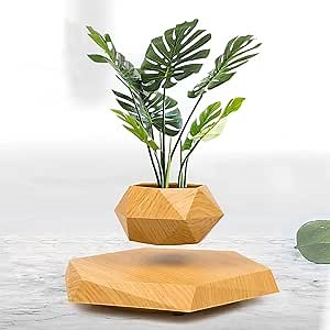 Levitating Plant Pot, Magnetic Levitation Flower Pot Rotating Planters Suspension Floating Plant Succulents Potted for Home Living Room Office Desk Decoration (Wood)