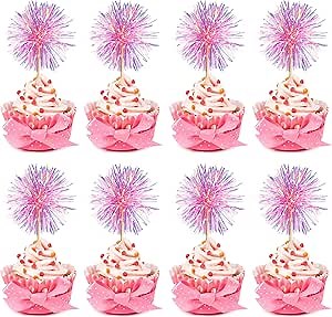 30PCS Foil Firework Cupcake Toppers, Happy Birthday Pink Cake Toppers, Sparkle Tinsel Flower Drink Stirrers Cocktail Food Fruit Toothpicks for Xmas Party Birthday Wedding Ceremony