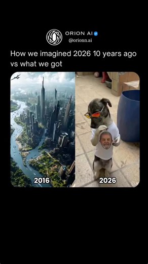 Orion AI on Instagram: "🕰️ The future did not arrive as planned Back in 2016, the idea of 2026 looked clean and orderly. People imagined flying cars, glowing cities, and robots quietly handling everyday life in the background. Reality turned out more fragmented. Some breakthroughs are profound, others feel almost absurd, and many arrive in places no one predicted. AI advances coexist with unexpected side effects, from surreal internet culture to rising hardware costs driven by model scale and i