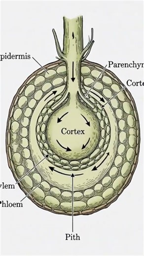 A technical illustration of a monocot root's internal structure with labeled parts in a muted color
