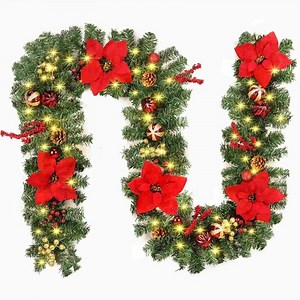 Aship 9FT Poinsettia Christmas Garlands with Lights, Pre-lit 50LED Battery Operated Xmas Garland with 8 Modes & Timer Memory for Door Fireplace Window Stair