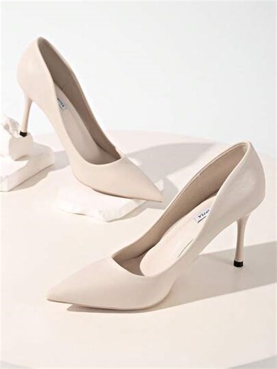 Dam Beige Matt Läder 8.5cm Stilettklack Spetsig Tå Grund Sexig Fest Nattklubb Mode Bröllop Pendling Dagligen Högklackade Pumps, Elegant | SHEIN