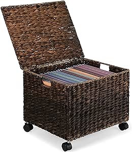 Ireer Water Hyacinth Rolling Filing Cabinet Hanging Brown Wash File Organizer Woven Mobile Storage Basket Home and Office Wicker File Cabinet for Legal and Letter Size Memos with Lid, 4 Wheels