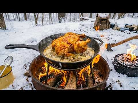 I Spent 24 Hours in a Frozen Forest! ❄️ Solo Survival & Crispy Campfire Chicken 🍗🔥