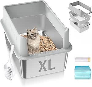 Stainless Steel Sifting Litter Box, 23.6" L x 15.7" W x 13" High Sided Metal Sifting Cat Litter Box for Pine Pellets, Enclosed Sifting Box with Lid, Anti-Leakage, Easy Clean for Big and Multiple Cats