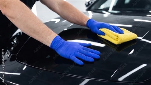 Professional detailing a car in car studio cleaning car with microfiber cloth, car detailing (or valeting) concept.