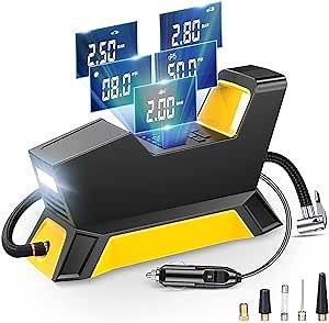 Tire Inflator Portable Air Compressor with Digital Pressure Gauge Auto Pump for Car Bicycle Motorcycle Basketball and Other Inflatables,12V DC 150PSI,Yellow with LED Light