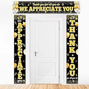 CHUNNIN 3Pcs Black Gold We Appreciate You Porch Sign Banner Thank You Party Decorations for Employee Appreciation Hanging Backdrop Work Anniversary Photo Booth Prop for Party Supplies Staff Teacher
