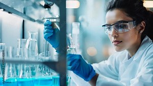 A dedicated female scientist in a modern lab conducts an experiment with colorful liquids in glass beakers, embodying precision and innovation in STEM fields.