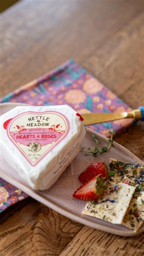 Constance | Akron’s Fromagerie & Cafe on Instagram: "Hearts & Roses from @nettlemeadowfarm an award-winning creamery in the Adirondacks. This double-crème Jersey cow’s milk cheese is delicately infused with rose hips, rose petals, and hibiscus, then finished with a soft, bloomy rind. Floral, rich, and lovely with champagne, dark chocolate, or a drizzle of honey. 🌹🧀 #akroneats #akronohio #cheeselover #comfortfood"