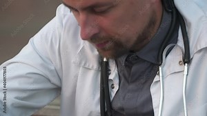 Tense doctor man examines x-ray on stairs outside clinic. Medical professional tired and upset checking CT scan of patient in hospital during work shift. Exhausted radiologist looking mri scan chest