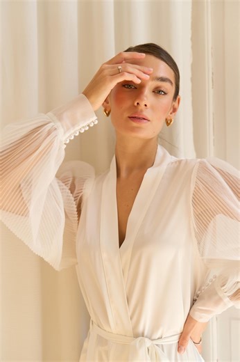 White Lace Bridal Robe With Organza Puff Sleeves Long Wedding Dressing Gown - Etsy