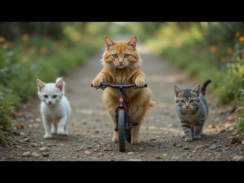 Peaceful Morning Ride | Cat and Kittens Cycling Through Golden Fields