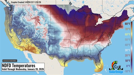 Freezing & sub-zero temperatures will impact the eastern two-thirds of the CONUS this week as the upper-level pattern continues to support Arctic intrusions. Here is a look at the forecasted temperatures for the Lower 48, valid through Wednesday (1/28). | RadarOmega