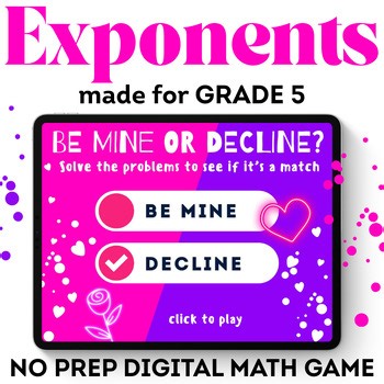 Valentines Day Algebra Activity Winter Exponents Holiday Math 5th Grade Game