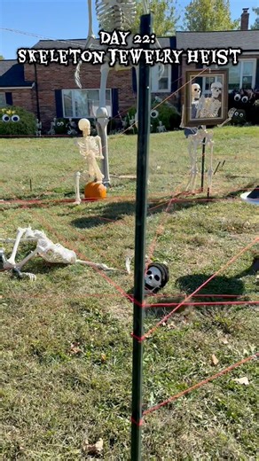 Day 22: Skeleton Jewelry Heist. We change our skeleton yard display daily during the month of Halloween. Thanks to Bone To Be Wild for this amazing idea! I will post a better video this evening once the sun is in a better position. #halloween #spookyseason #skeletons #halloweendecori | Skeletons on Kerth Road