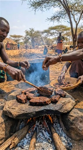 Samburu Tribe Cooking : Camel Meat on Hot Stones 🔥🐪 #tribalfood #triballife #shorts #africa