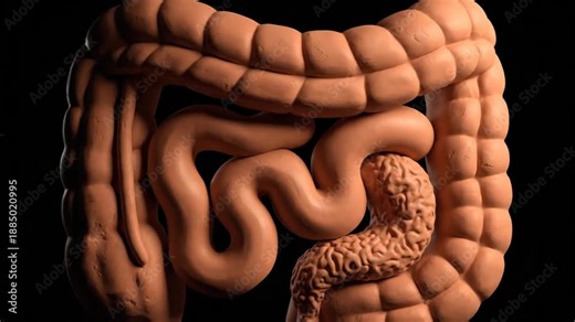 3D animation illustrating the intricate structure of the human large and small intestines. Essential for medical and educational content.