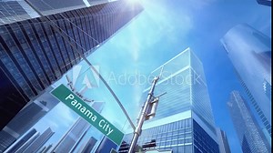 Panama City. Airplane Landing, Take Off City Skyscraper Road Sign